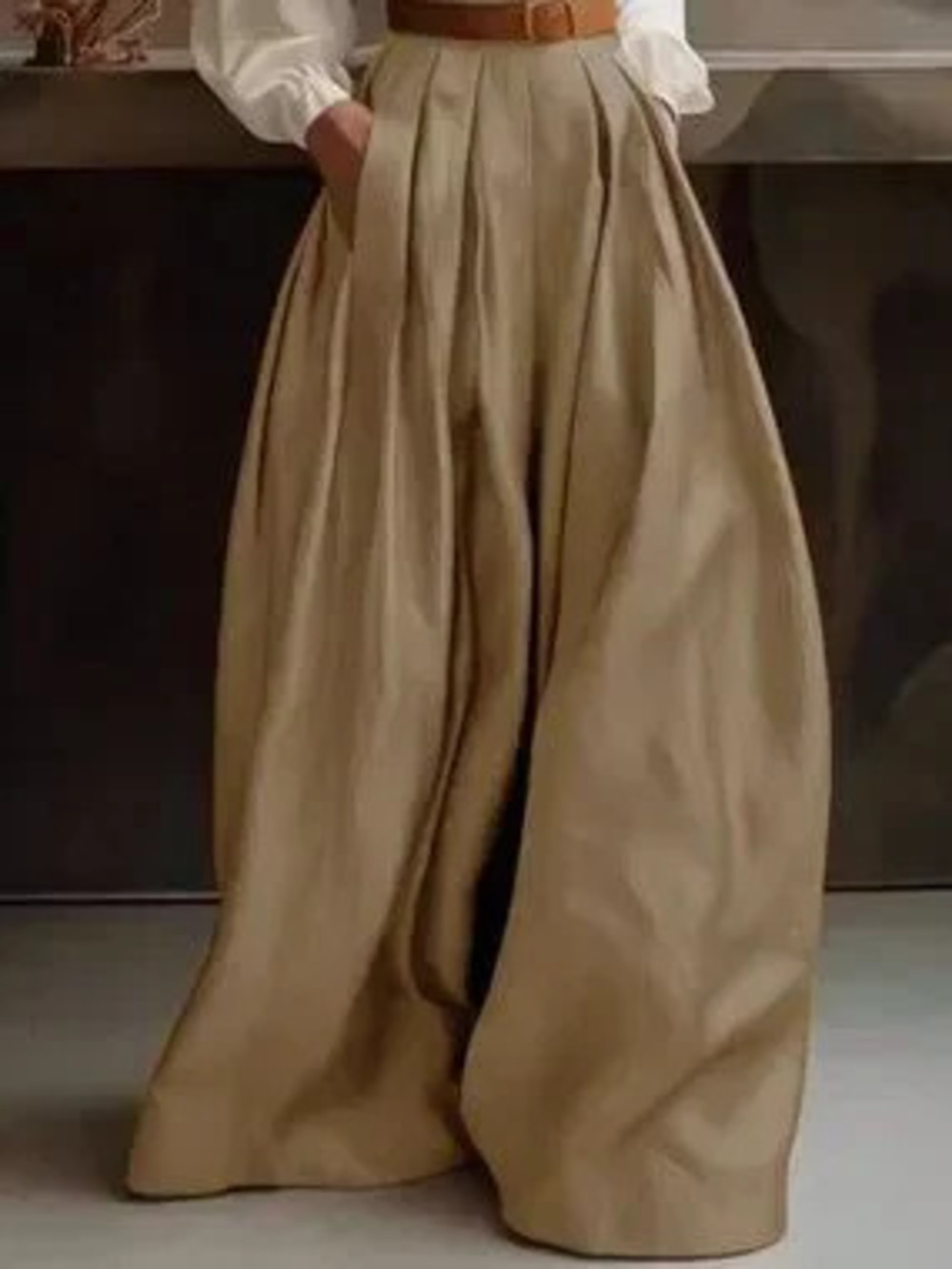 Khaki Casual Women's Loose Wide-Leg Pants